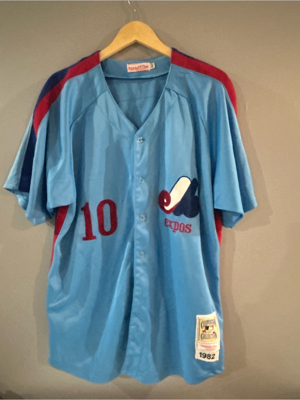 Mitchell & Ness Montreal Expos Light Blue Red Navy Button-Up Jersey Dawson